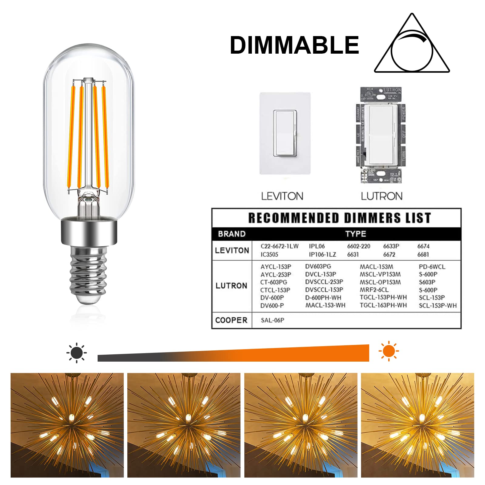PARTPHONER E12 LED Light Bulb 6W Dimmable 60W Equivalent, 600LM Warm White Filament, T6 6-Pack for Chandeliers & Wall Scon
